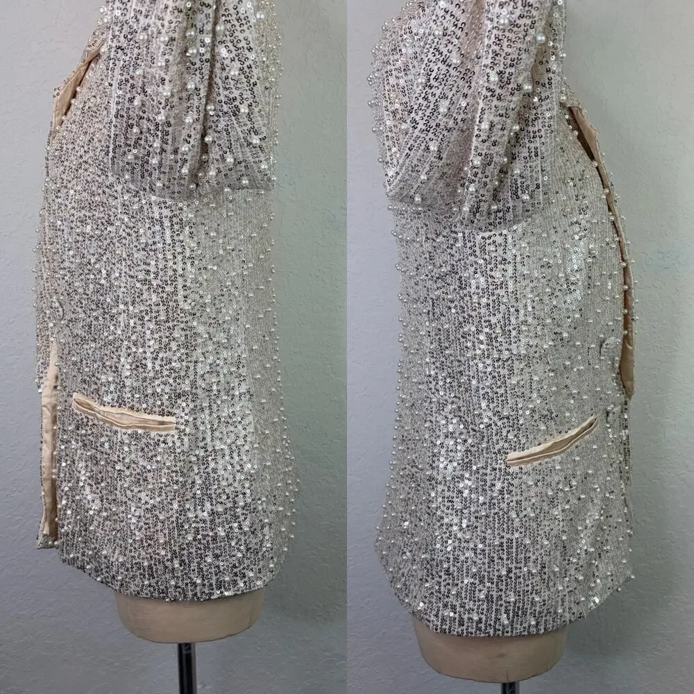 Mable Sequined Faux Pearl Beaded Champagne Blazer Lined Size S, shiny, party - Picture 8 of 9